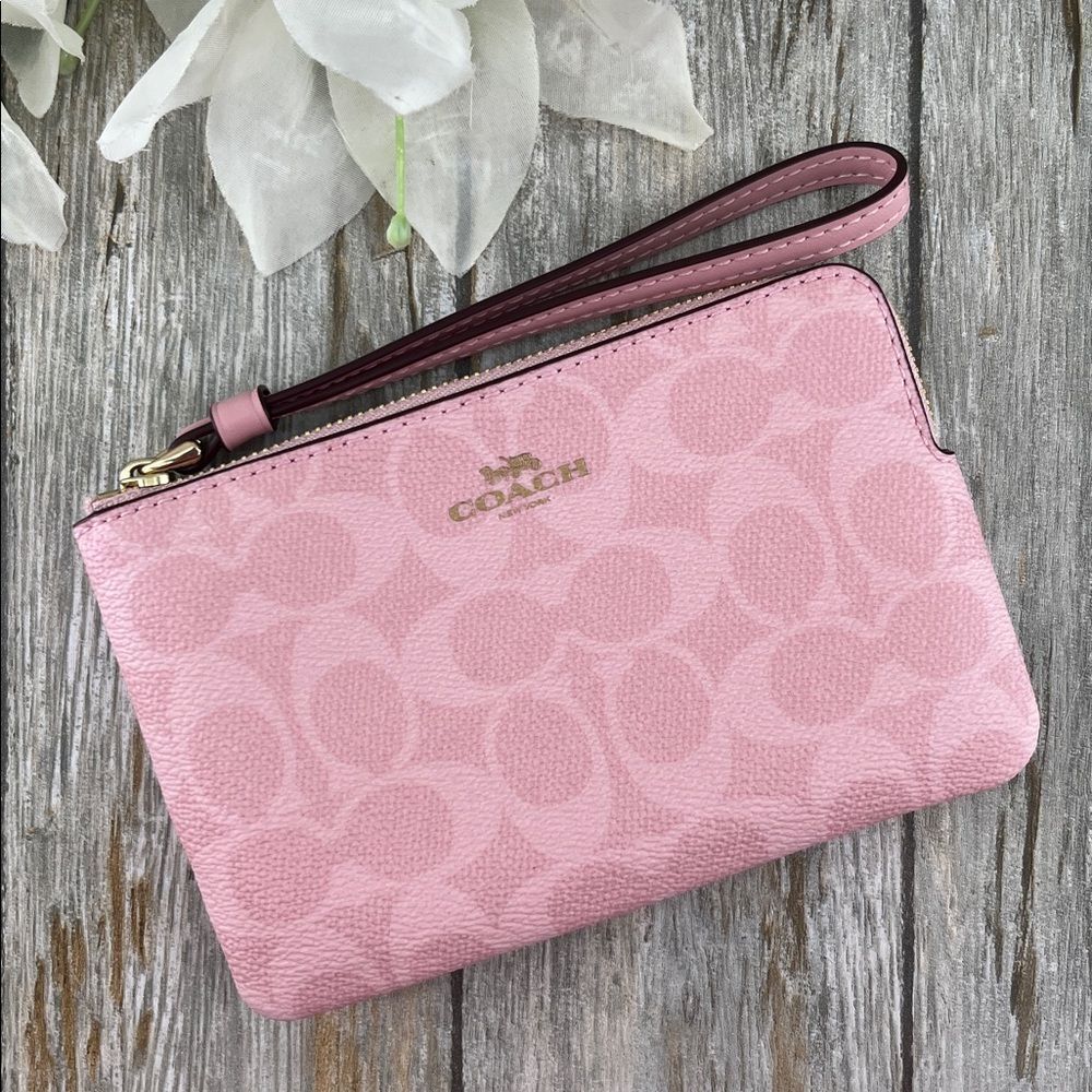 Coach Corner Zip Wristlet In Signature Canvas Powder Pink Wallet Bag Purse